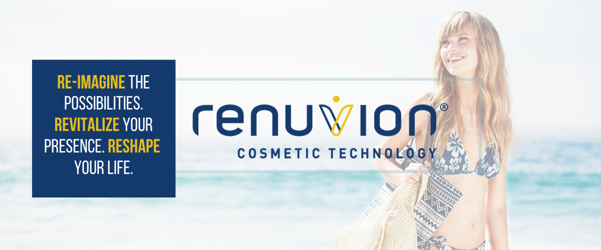 Renuvion graphic showing smiling woman in bikini on the beach after Best Skin Tightening Treatment