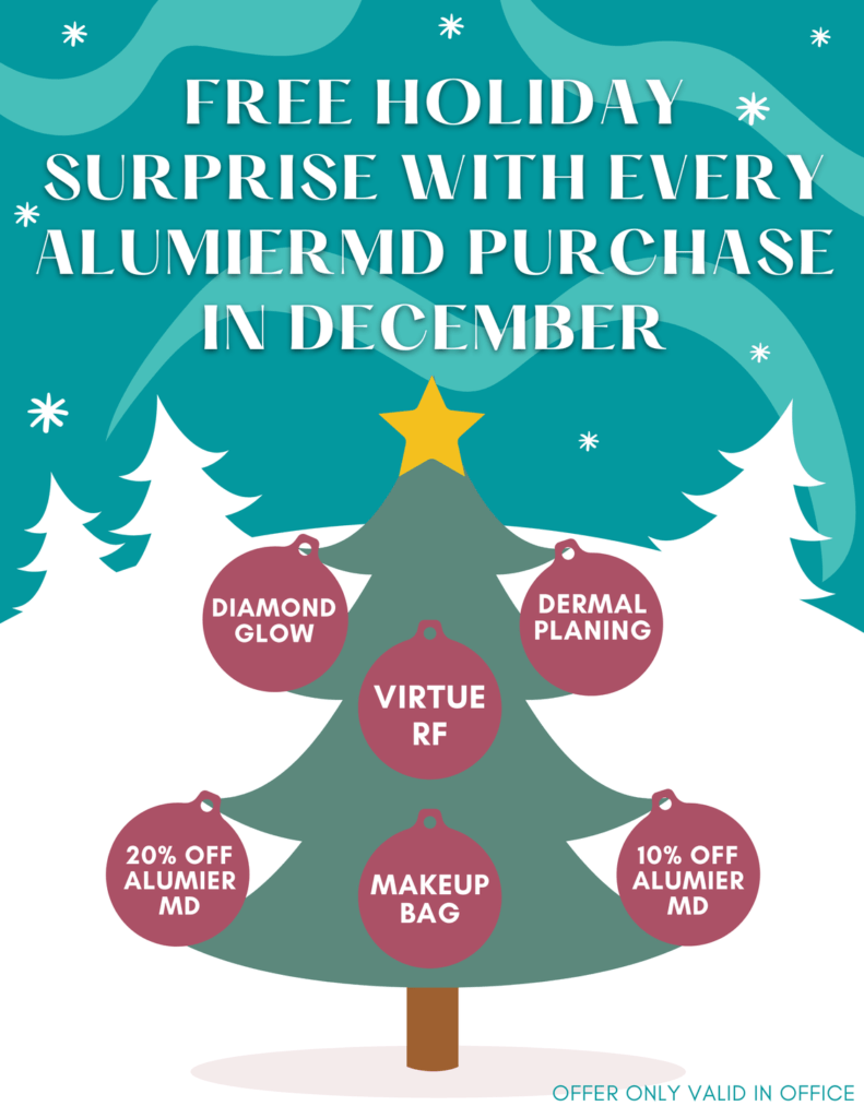 Christmas tree with each ornament sharing a free gift with AlumierMD purchase. Free Holiday Surprice with every AlumierMD purchase in December. Diamond Glow, VirtueRF, Dermalplanning, 20% AlumierMD, Makeup bag, 10% of AlumierMD.