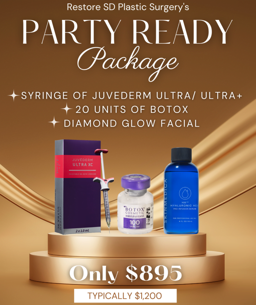Party Ready Package for $895, syringe of juvederm ultra or ultra+, 20 units of Botox, Diamond glow facial. 