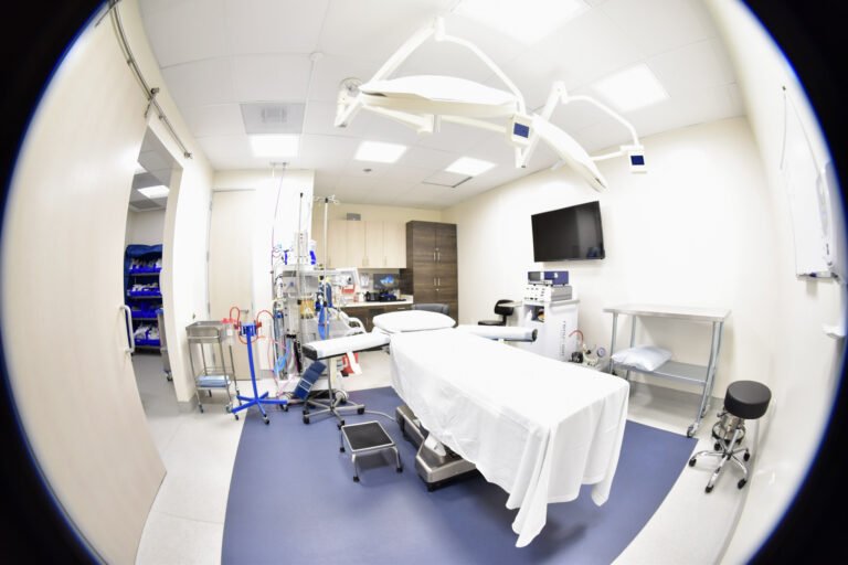 Operating room shown in fish-eye view with all surgical equipment.