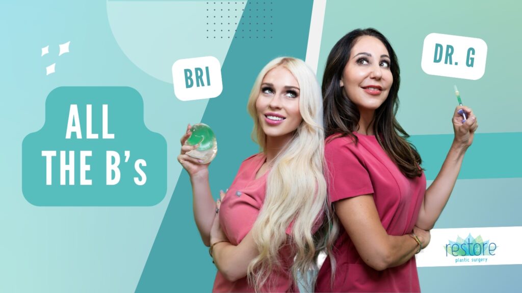 San Diego plastic surgeon Dr. Katerina Gallus and her scrub tech Bri posing for their podcast, "All the B's"