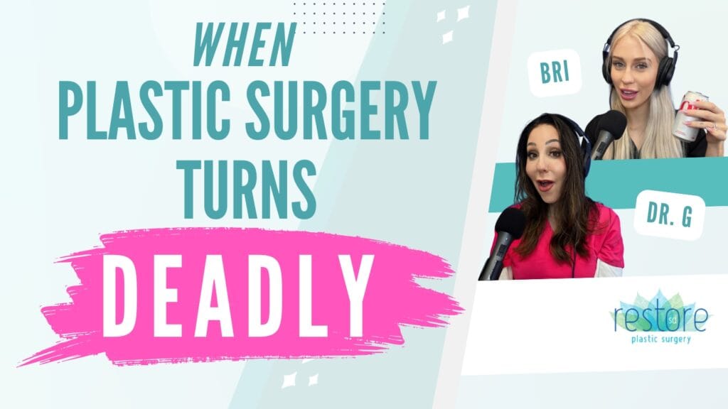 San Diego plastic surgeon Dr. Katerina Gallus and her scrub tech Bri on the episode of their podcast "All the B's" where they chat about true crime [When Plastic Surgery Turns Deadly]