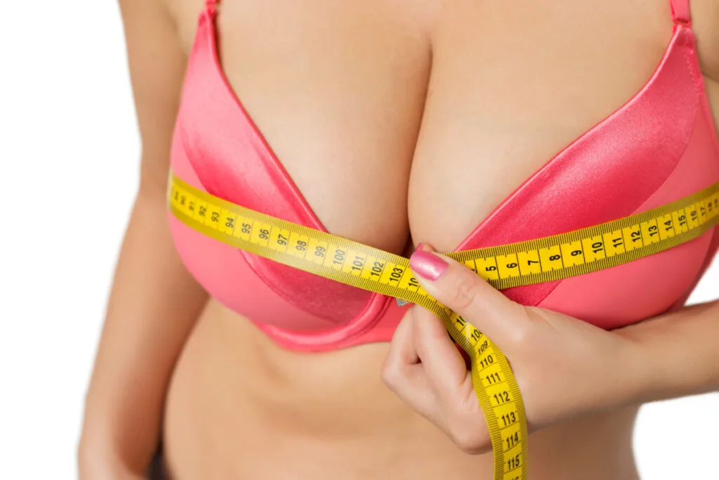 Close up of large breasts with implants measuring 600-800cc