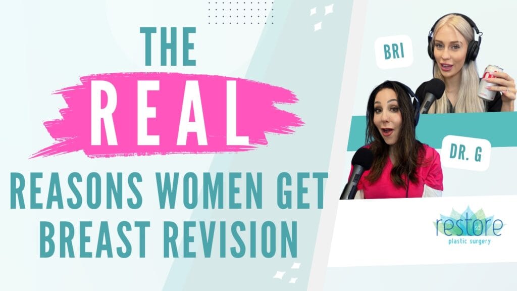 San Diego plastic surgeon Dr. Katerina Gallus and her scrub tech Bri on the episode of their podcast "All the B's" where they chat about breast implant revision [The Real Reasons Women Get Breast Revision]